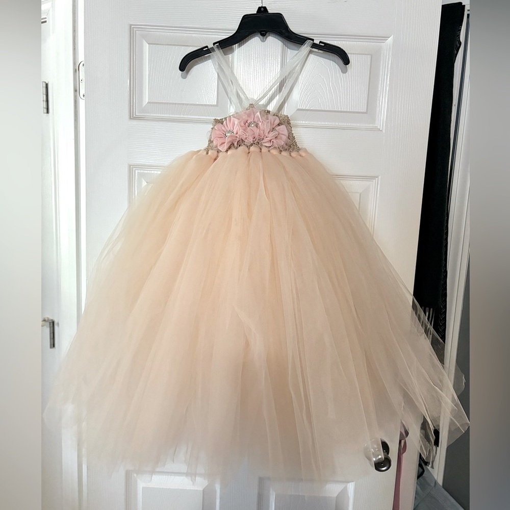 Peach/Light Pink Daisy Studded Floral Layered Handmade Tulle Dress Wedding/Photo